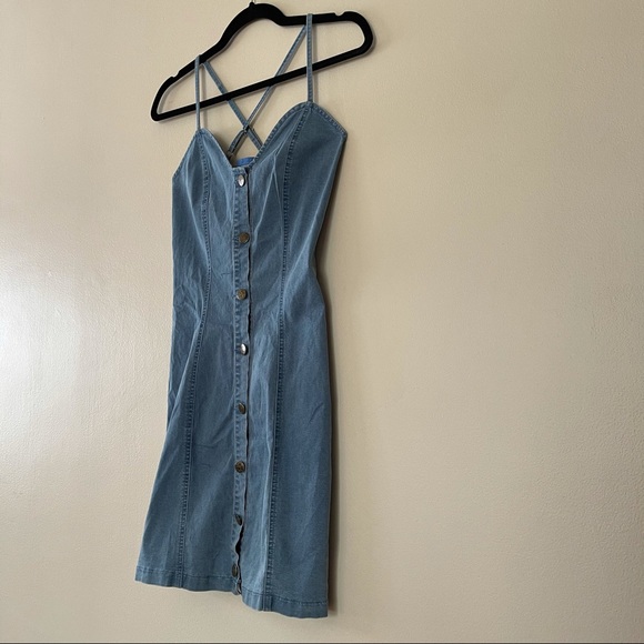 Denim Button Up Adjustable Spaghetti Straps Dress - Picture 3 of 8